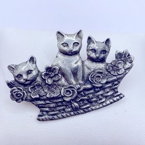 Vintage 1987 Seagull Pewter Basket Of Cats Brooch